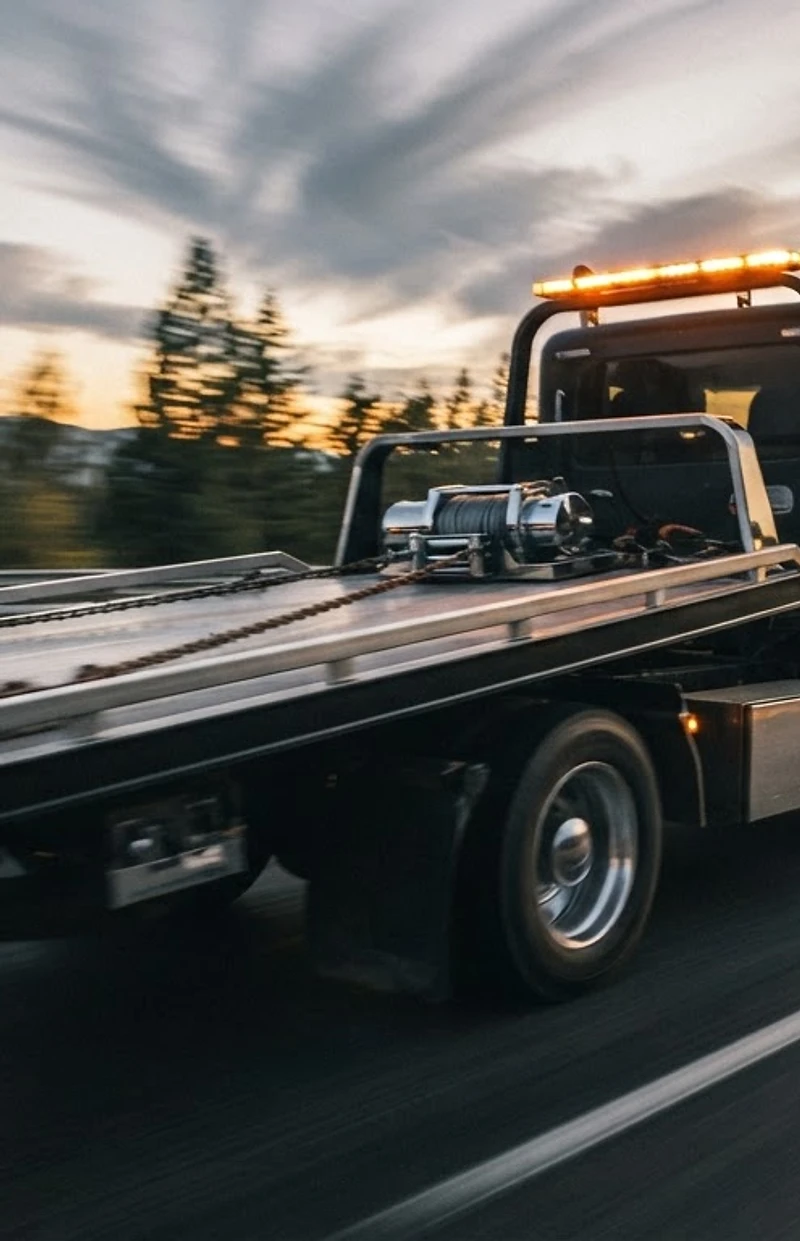 Heavy-duty San Diego tow truck hydraulic bed in motion at golden hour