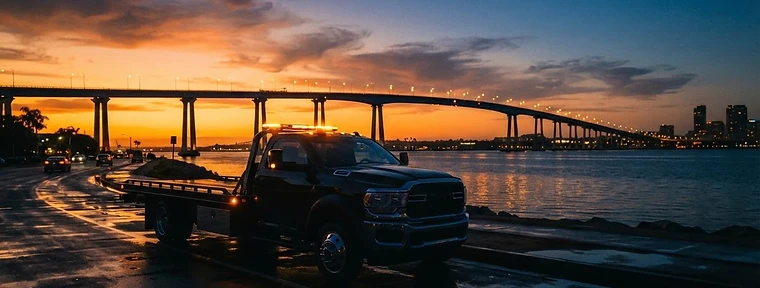 Flatbed tow truck silhouetted against the San Diego Coronado Bridge at dusk