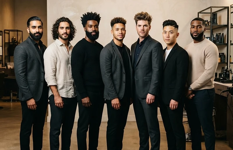 Men's grooming — diverse hair textures and tones