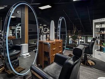 Wooden styling station with halo LED floor mirrors
