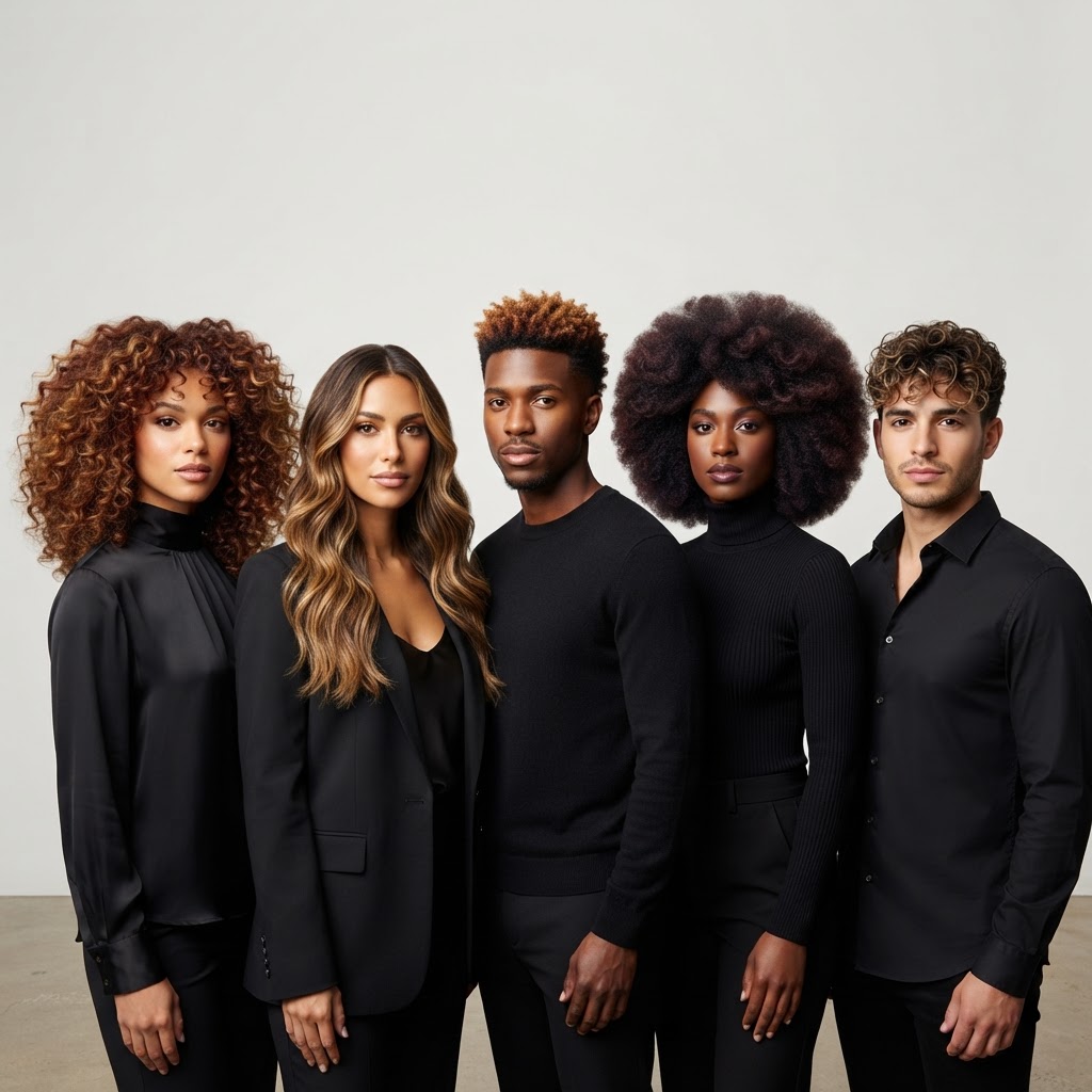 Diverse clients with wavy, curly, and coily hair featuring dimensional color and highlights