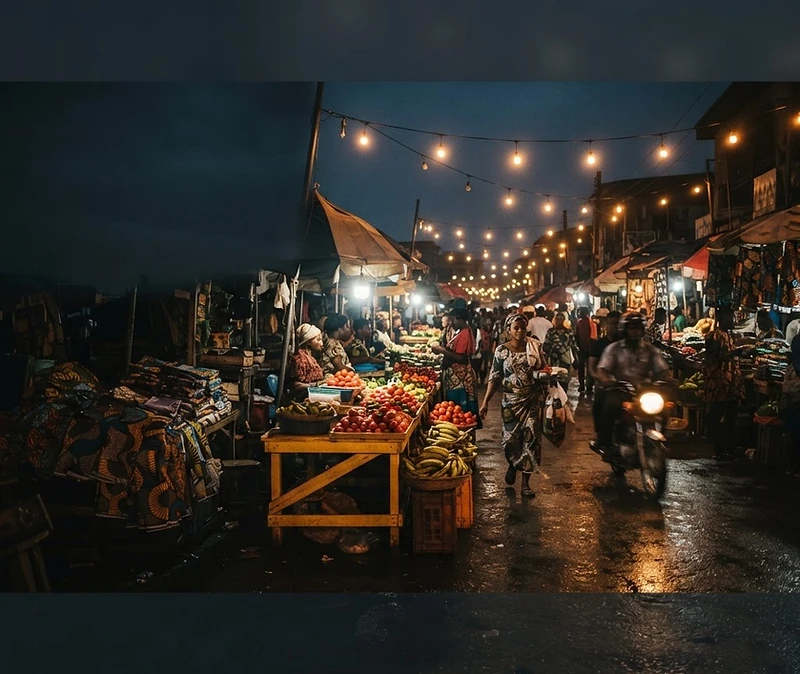 A Nigerian street market glowing at dusk