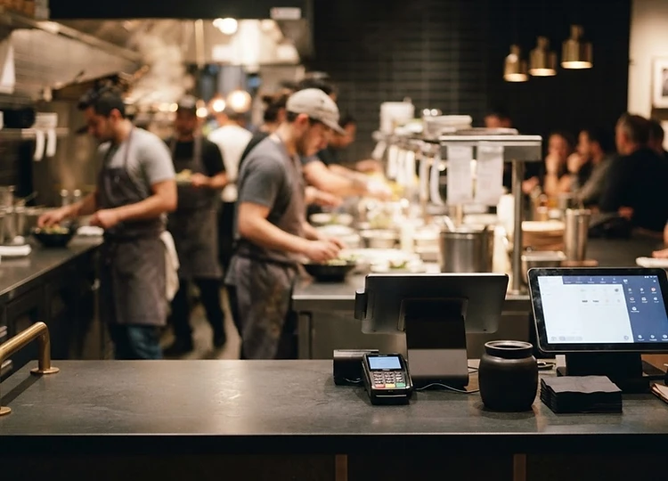 Illustration of a fast-casual restaurant counter during evening service, with a payment terminal at the counter and staff working at the kitchen pass behind