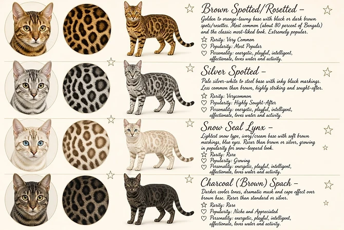 Chart of Bengal colors: Brown Spotted, Silver Spotted, Snow Seal Lynx and Charcoal Spotted
