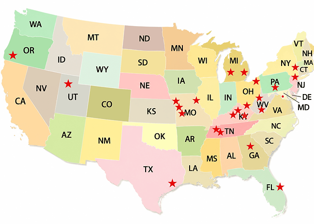 Map of the United States with stars marking where Central KY Bengals kittens have gone home
