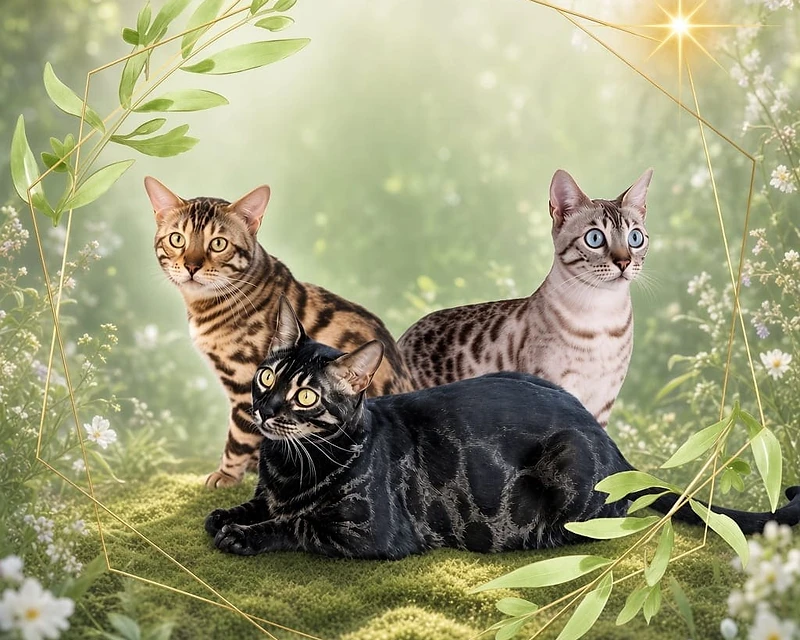 Three Bengal cats resting on moss in a flowering garden