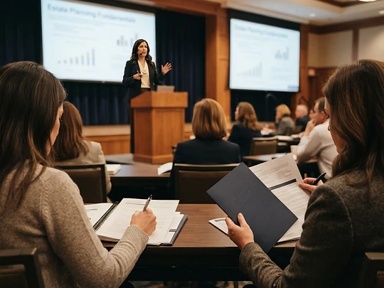 Attendees with worksheets during a presentation