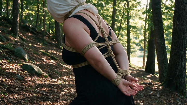 Hooded and bound in autumn forest