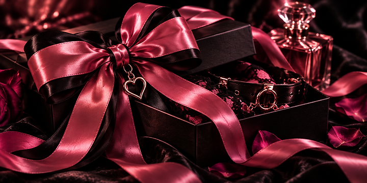 A black gift box with a magenta bow, rose and perfume on dark velvet