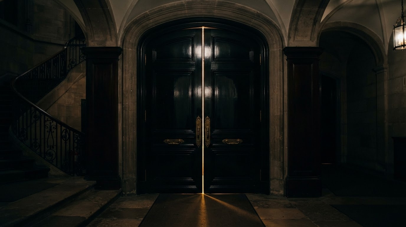 Closed grand doors with golden light glowing between them