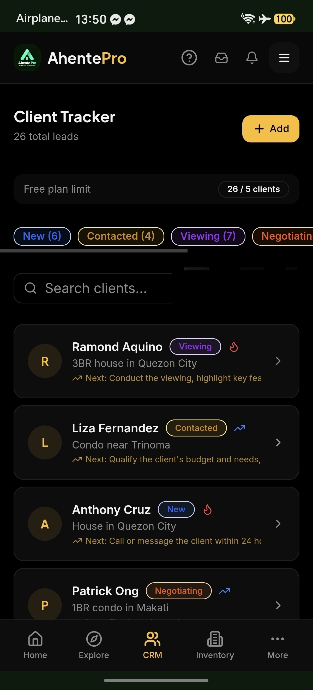 CRM Management app screen