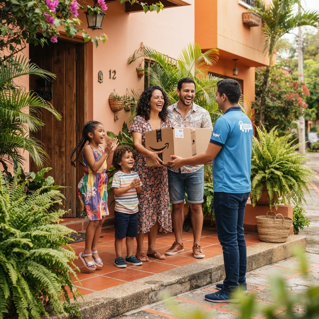 Familia recibiendo encomienda