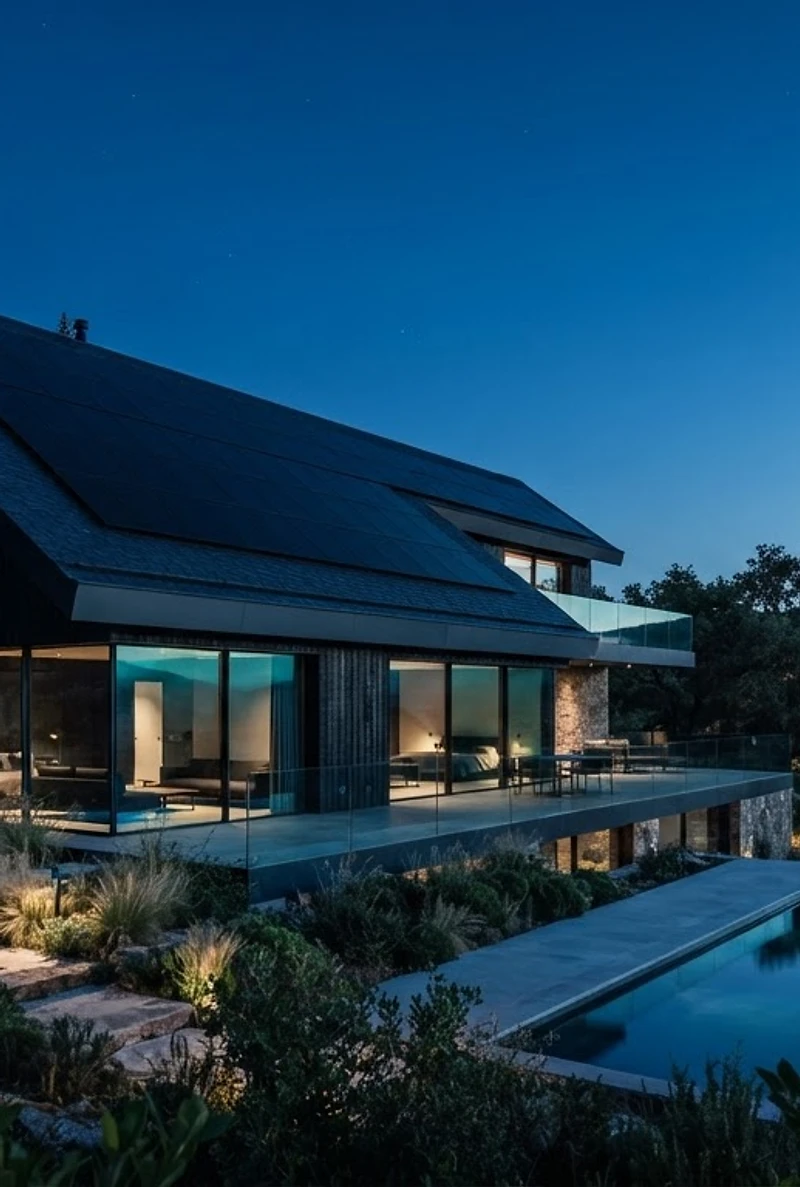 Villa contemporaine avec toiture solaire intégrée au crépuscule