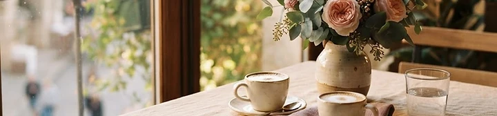 Rosen und zwei Kaffeetassen im weichen Nachmittagslicht