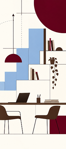 Illustration PME : long bureau, deux chaises et étagères en escalier
