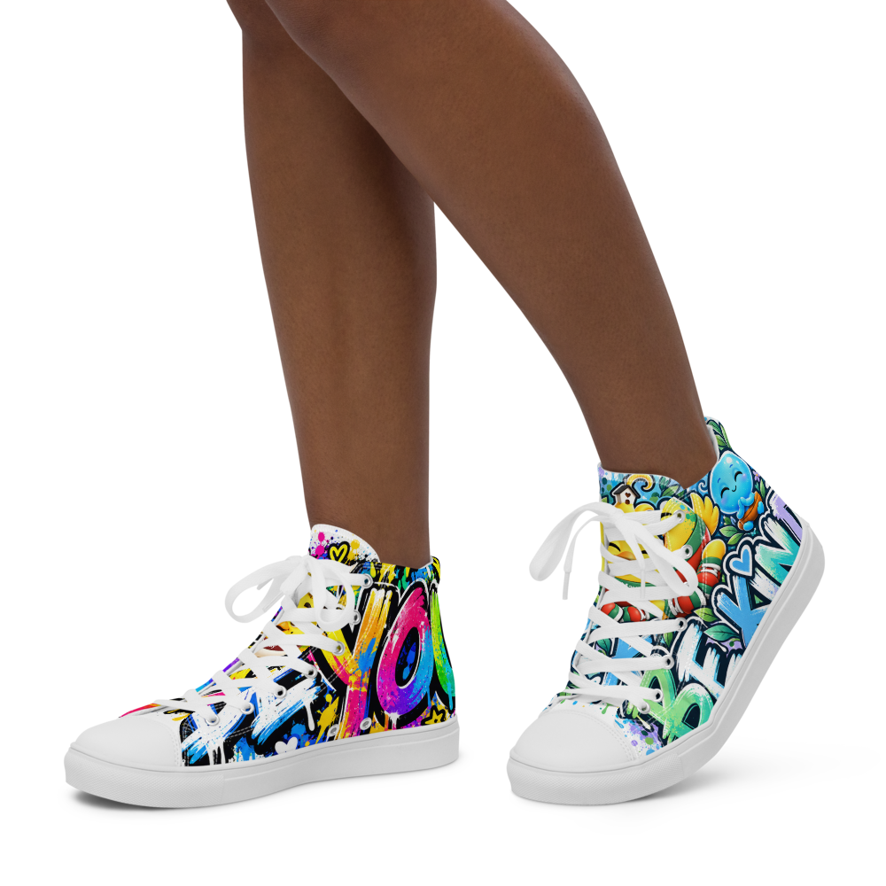 Be Kind + Be You mismatched high-top shoes worn together, showing two colourful, different artworks