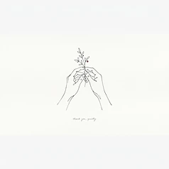 Spudied card with a minimal line drawing of two hands holding a sprig: thank you, quietly