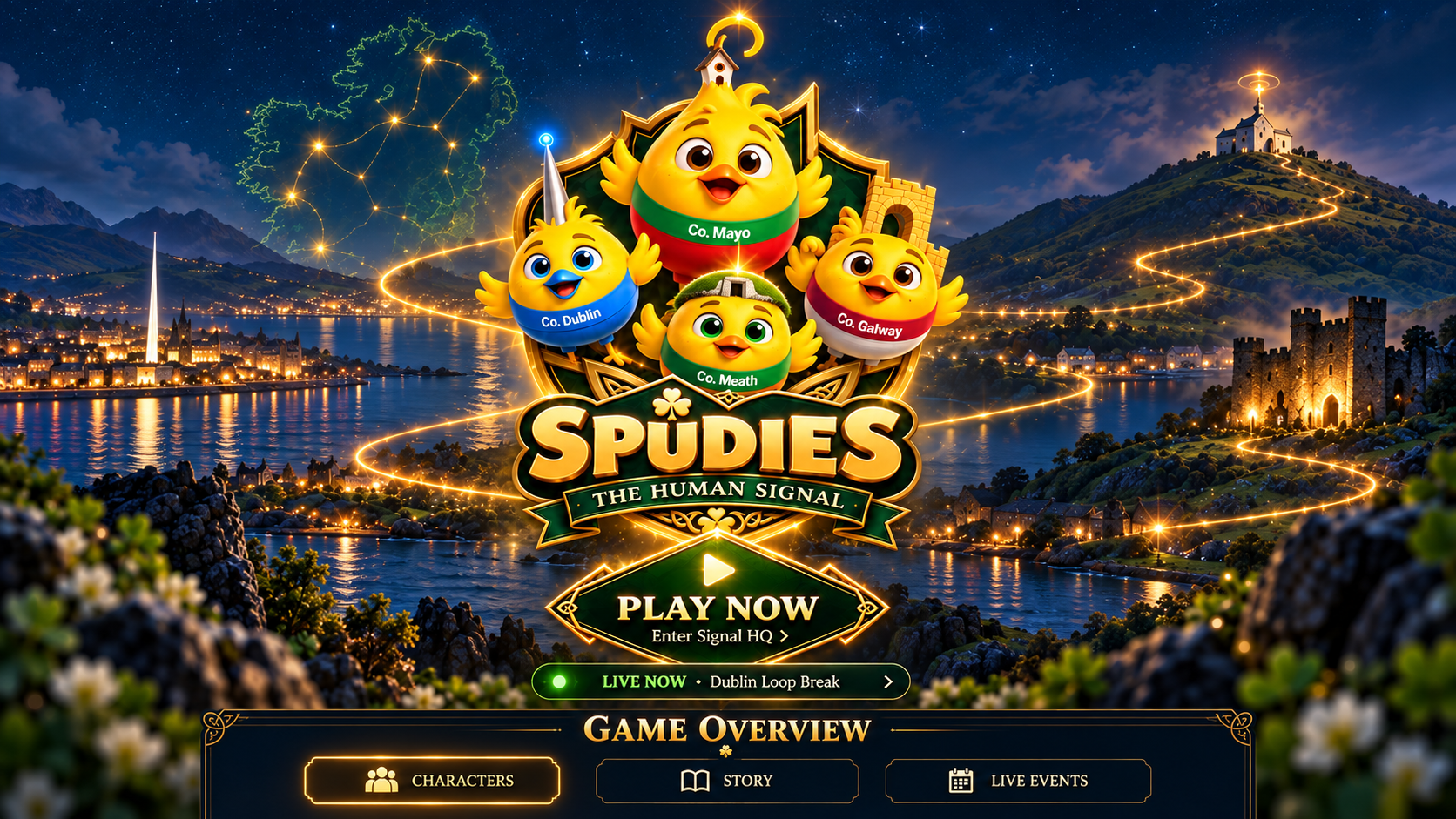 Spudies: The Signal — widescreen game hero with Mayo, Dublin, Meath and Galway, plus Play Now, Live Now, Characters, Story and Live Events controls.