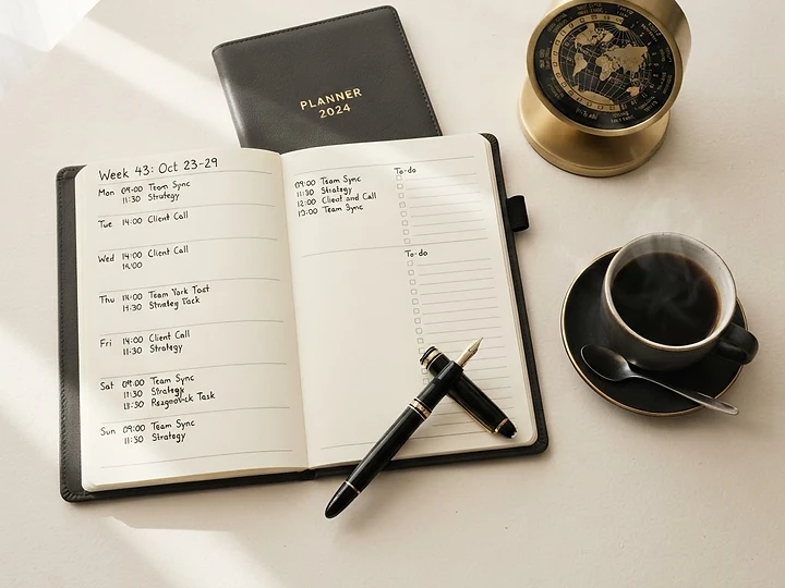 A scheduling desk with world clock and planner