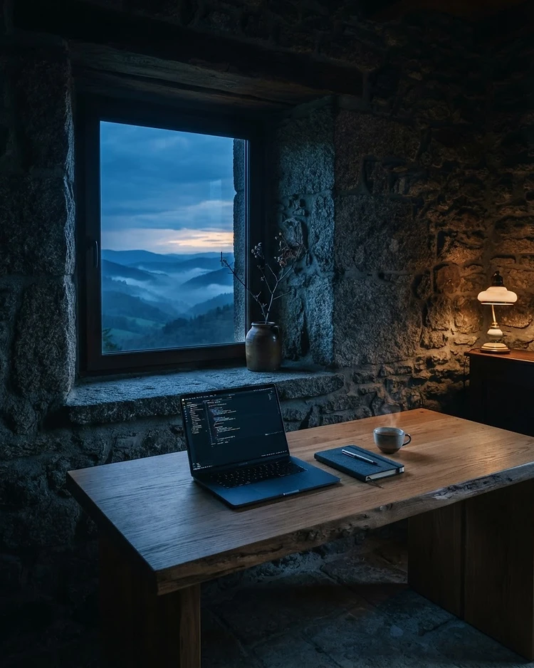 Bureau du studio dans une maison en pierre de Lozère