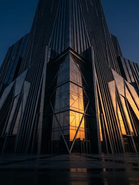 Futuristic skyscraper reflecting a blue-hour sunset