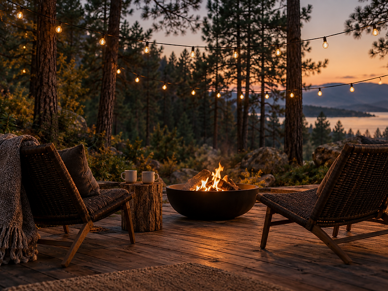 A woodland terrace at dusk with a glowing fire pit, string lights and pine forest beyond