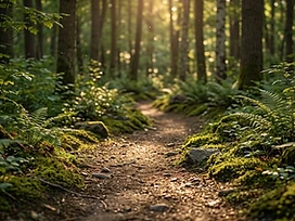 Forest path in soft light seen from above