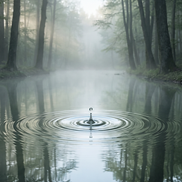 A water drop creating ripples on a misty forest pond