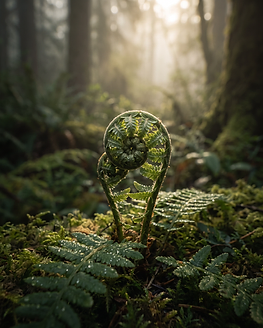 A fiddlehead fern unfurling in soft forest light