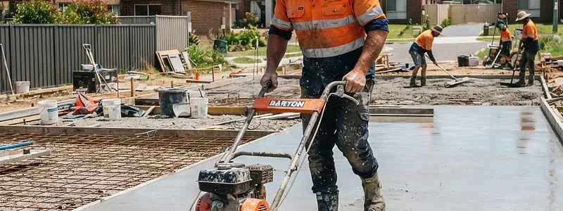Australian concreter using a power screed to level a freshly poured residential concrete slab