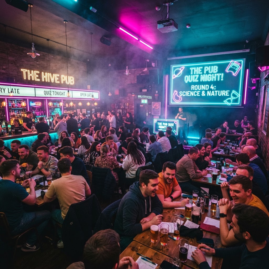 Neon quiz night at a packed venue