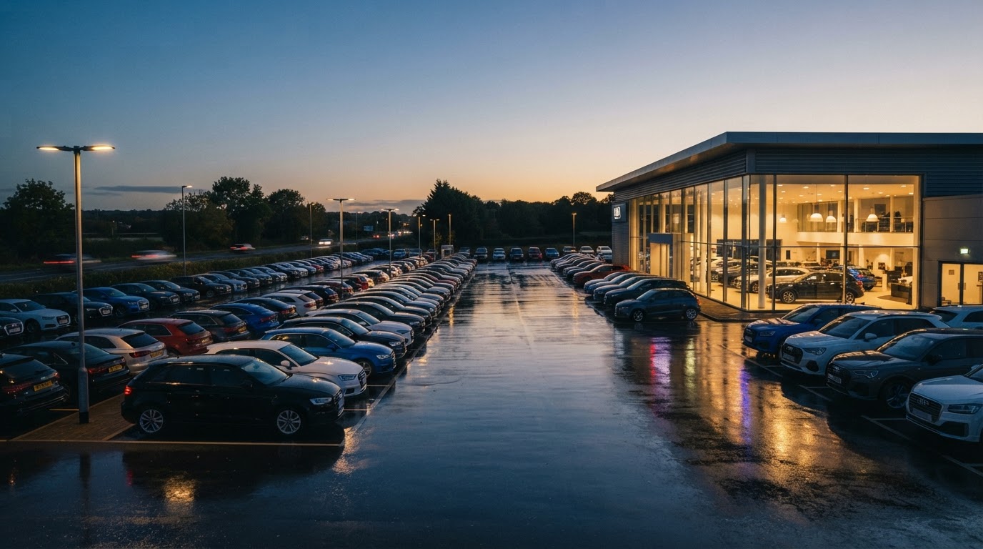 Illustrative car dealerships scene