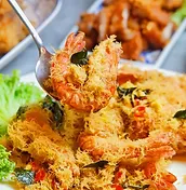 Fried prawns with crisp egg served at Asia Thai Restaurant