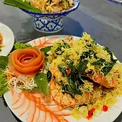 Prawns topped with crisp egg and herbs at Asia Thai Restaurant