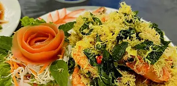 Prawns topped with crisp egg and herbs at Asia Thai Restaurant