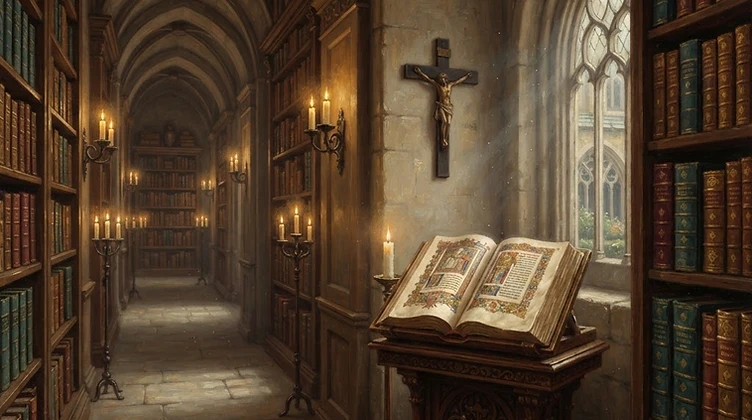 Biblioteca monástica com livros de teologia
