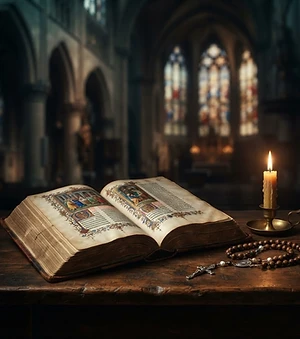 Livro aberto com terço e vela