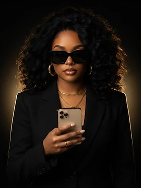 A Pretty Melanin Boss reviewing her feature on her phone