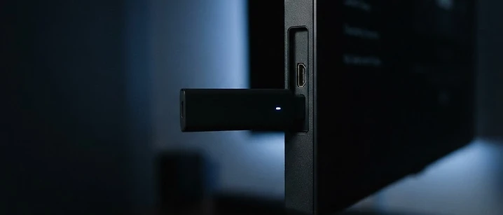 Streaming stick plugged into the HDMI port of a television, illustrating IPTV installation on Fire TV in the UK