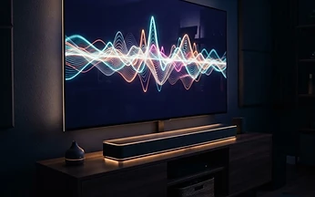 Soundbar and television in a dark home cinema corner with a glowing audio waveform