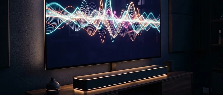 Soundbar and television in a dark home cinema corner with a glowing audio waveform