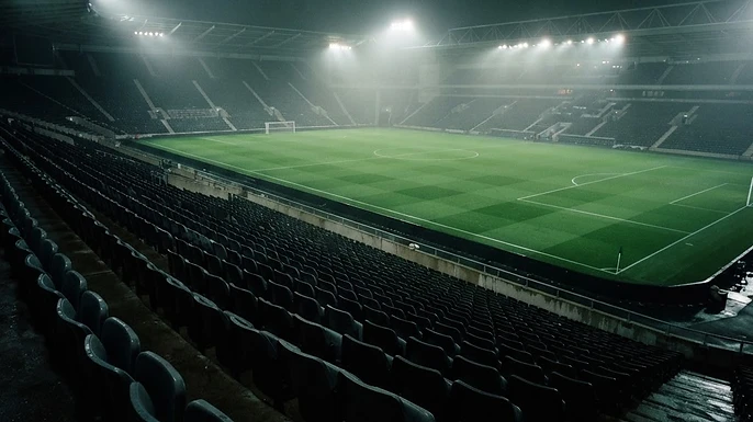 Empty stadium seating under floodlights at night, illustrating live football coverage on IPTV in the UK