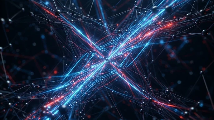 Glowing data streams flowing through a dark network of nodes, illustrating how IPTV content is delivered over the internet
