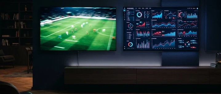 Two televisions side by side, one showing a live sports broadcast and the other showing performance graphs, used to compare IPTV providers in the UK