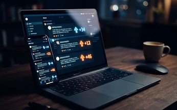 Laptop and smartphone showing abstract discussion threads and upvote arrows, illustrating how to research IPTV UK on Reddit