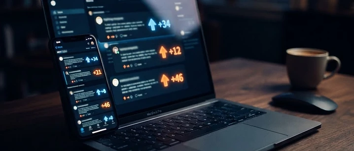Laptop and smartphone showing abstract discussion threads and upvote arrows, illustrating how to research IPTV UK on Reddit