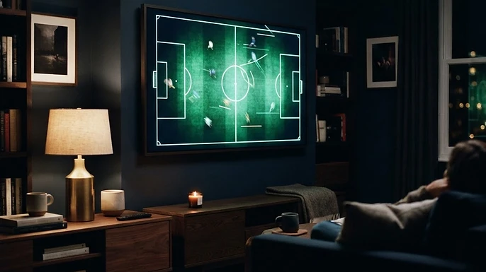 Living room television showing an abstract floodlit pitch, illustrating watching Premier League football on IPTV