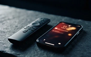 Remote control and smartphone on a dark surface with a warning glow from the phone screen