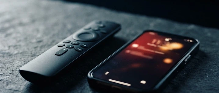 Remote control and smartphone on a dark surface with a warning glow from the phone screen