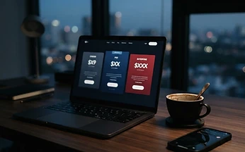 Laptop showing abstract pricing plan cards beside a coffee cup, illustrating different IPTV subscription types